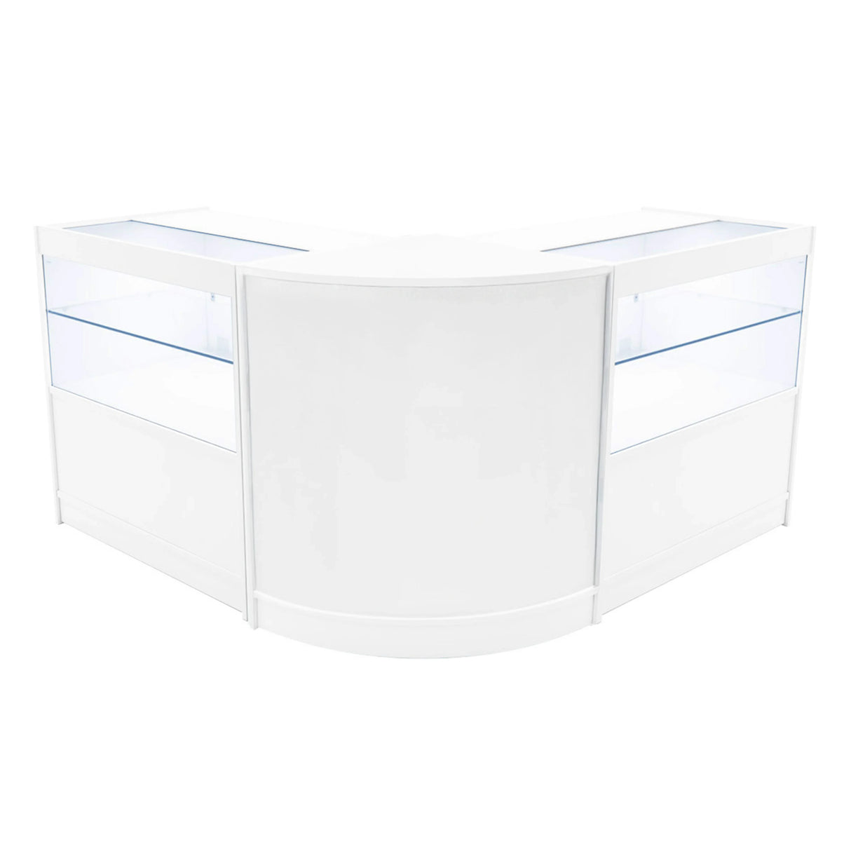 White Selene LED shop counter set with two glass display cases, featuring a sleek, modern design and illuminated shelves