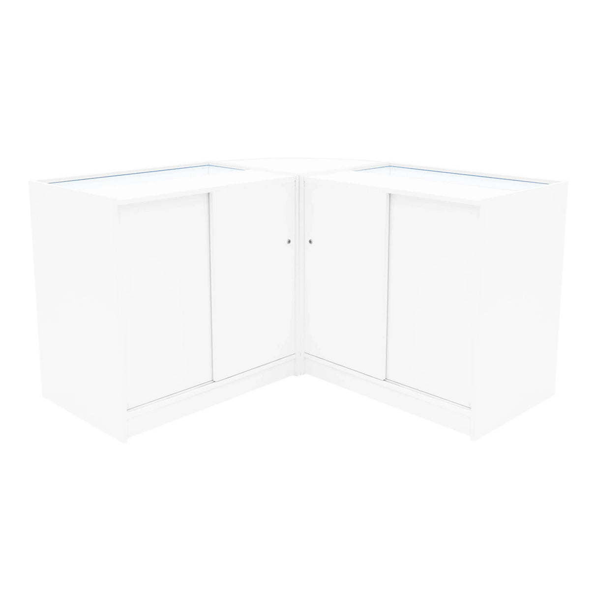 White Selene LED shop counter set featuring a sleek, modern design with two C900 display cabinets and a glossy finish
