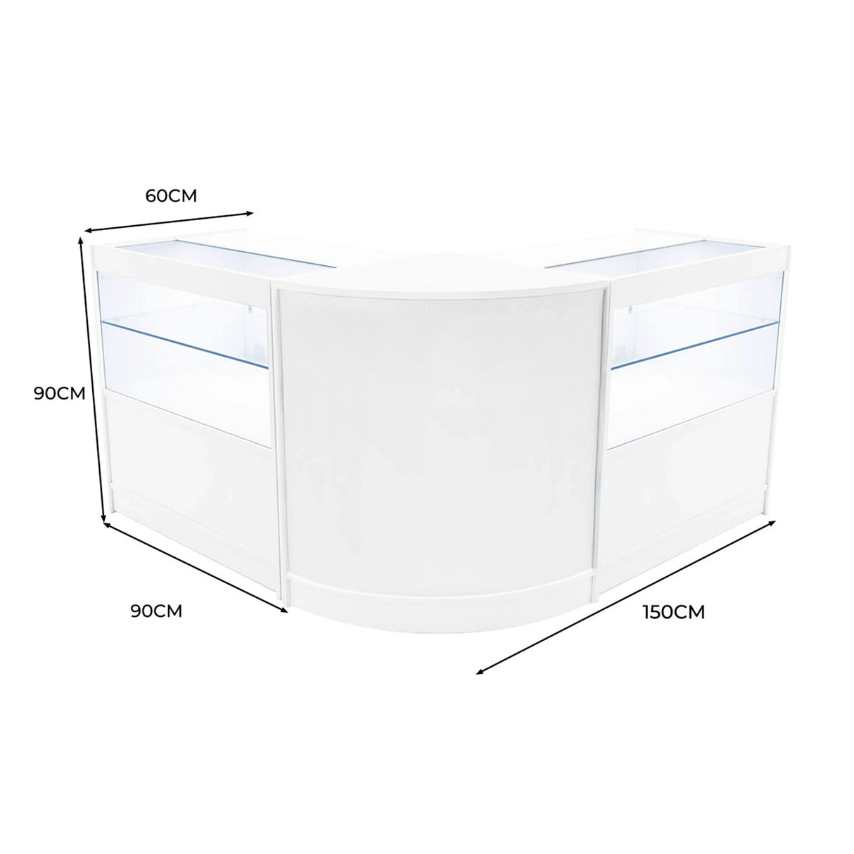 Curved white LED shop counter set with glass display shelves, measuring 60cm x 150cm, ideal for retail environments