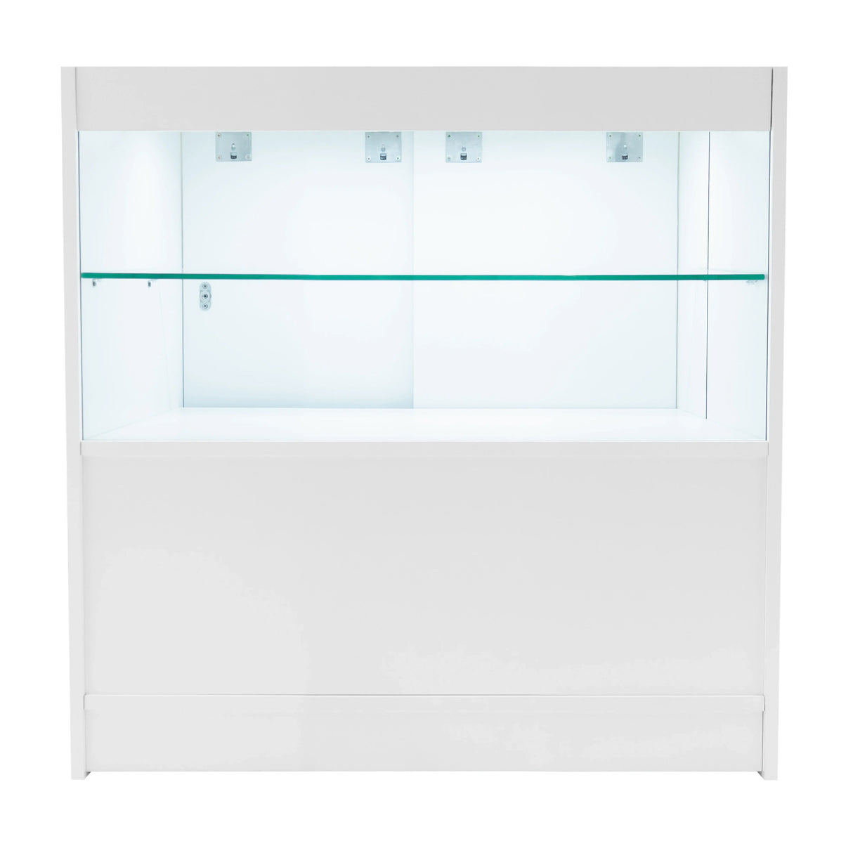 Sleek white Selene LED shop counter set with two glass shelves, illuminated interior, and modern design for retail display