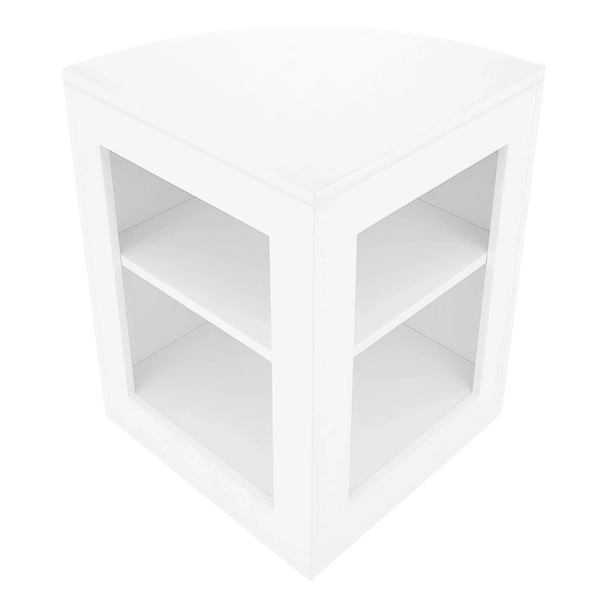 Sleek white LED shop counter set featuring a modern triangular design with two open shelves for display and storage