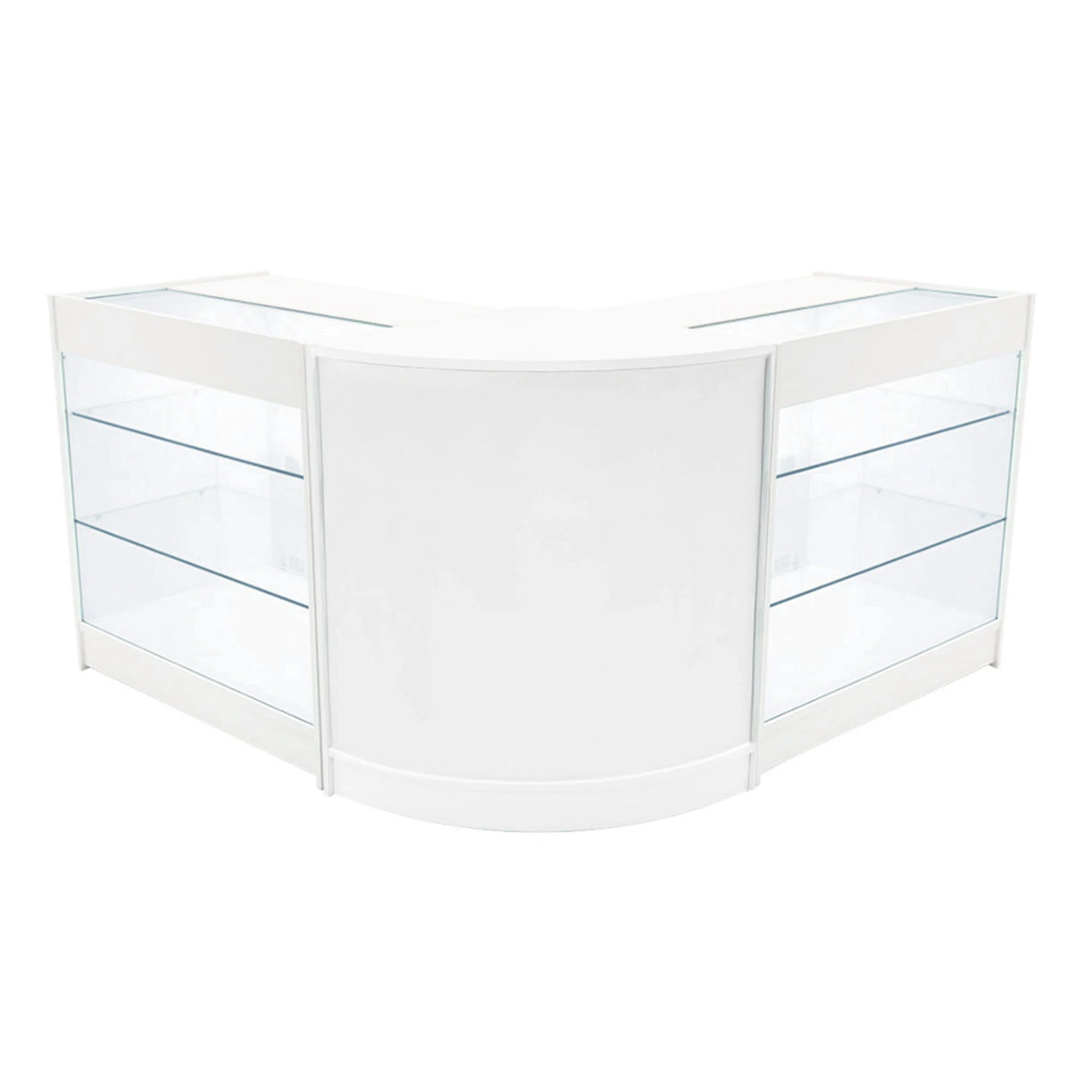 White Helios LED shop counter set with two K900 display cases, featuring glass shelves and a sleek, modern design