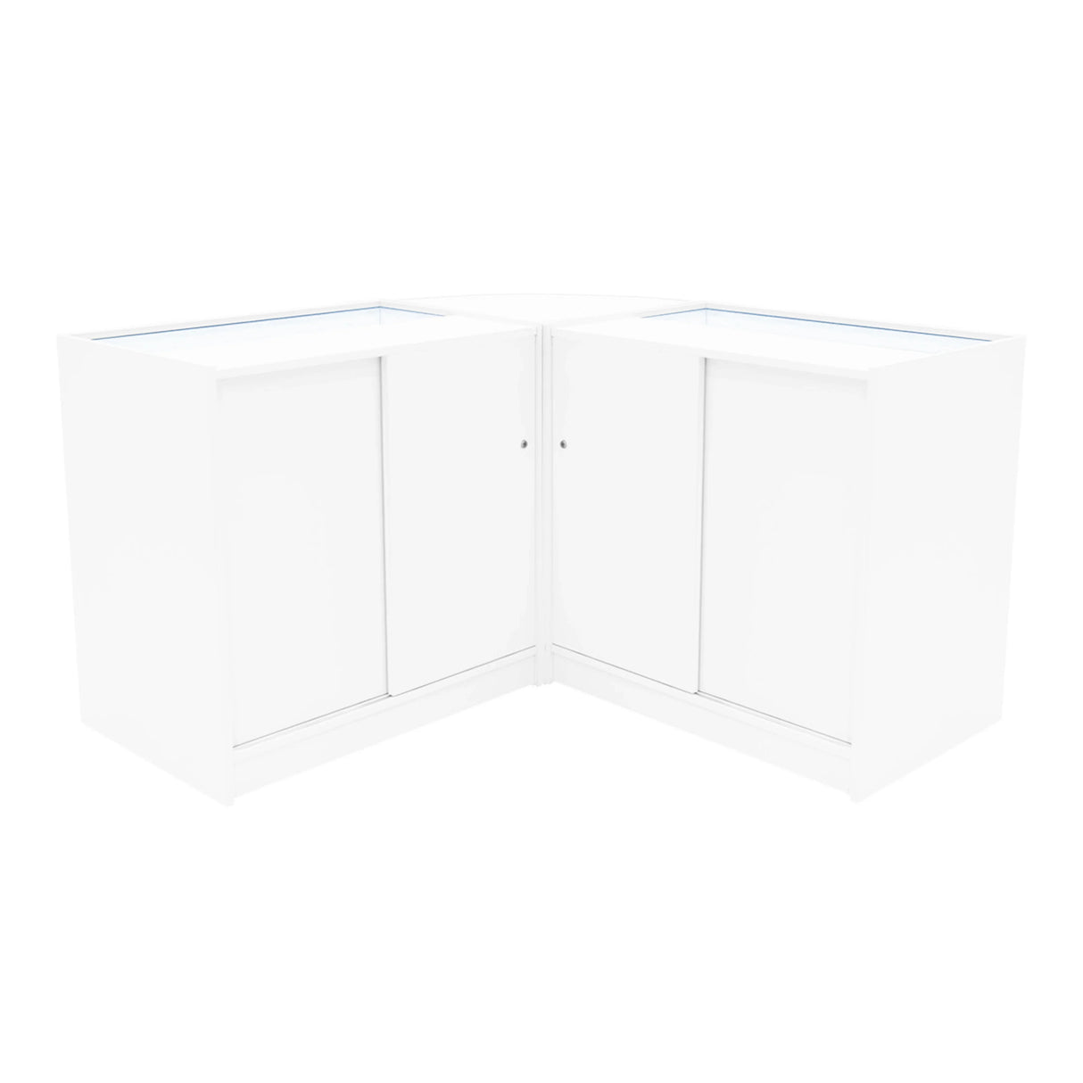 White Helios LED shop counter set with two K900 display units, featuring sleek lines, smooth surfaces, and glass tops for visibility