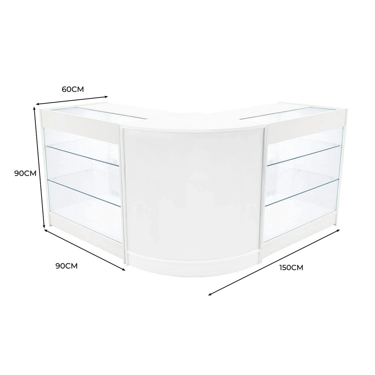Curved white LED shop counter set with glass shelves, measuring 150cm wide, 90cm high, and 60cm deep, ideal for retail displays