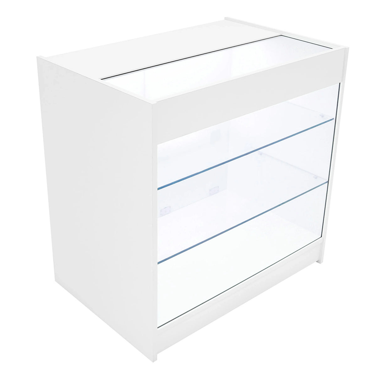 Helios LED shop counter set in white, featuring a sleek design with glass shelves and a modern, minimalist aesthetic
