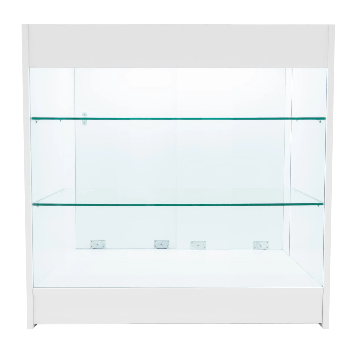 White Helios LED shop counter set with two glass shelves, featuring a sleek design and modern finish, ideal for retail displays