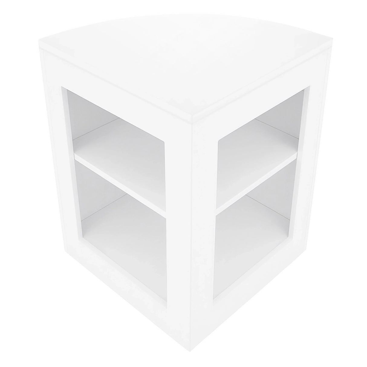 Sleek white Helios LED shop counter set with a modern design, featuring two open shelves for display and storage purposes