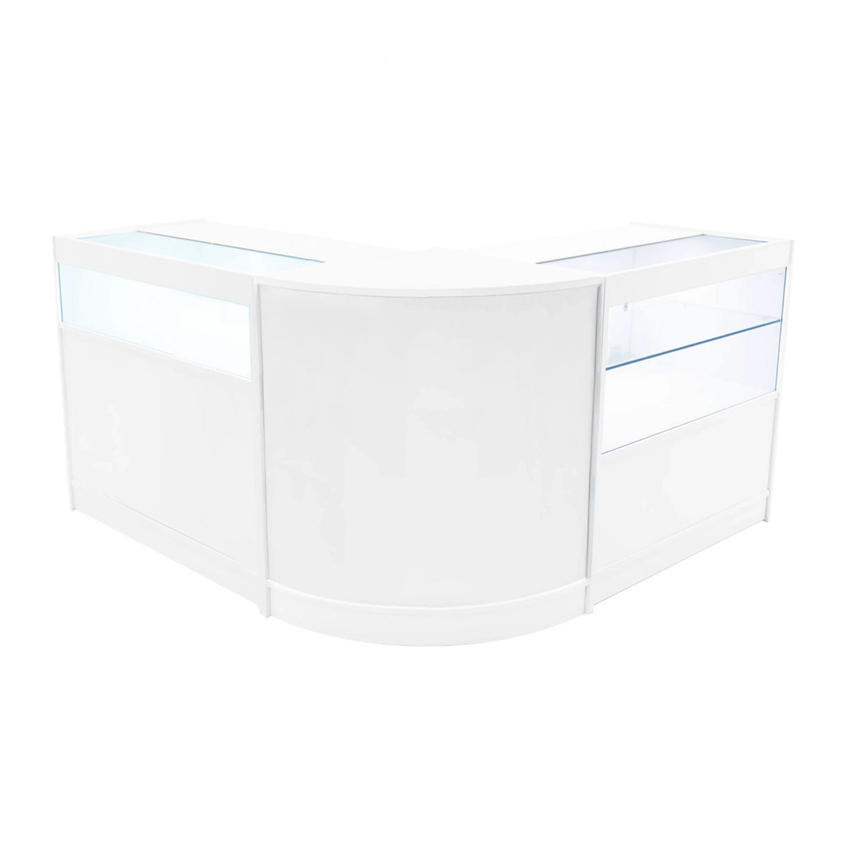 Adonis LED Shop Counter Set in white features a sleek, modern design with glass display sections and smooth surfaces for retail use