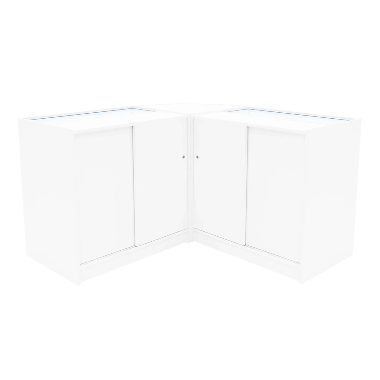 Adonis LED Shop Counter Set in white, featuring sleek, modern design with smooth surfaces and glass display tops, ideal for retail spaces