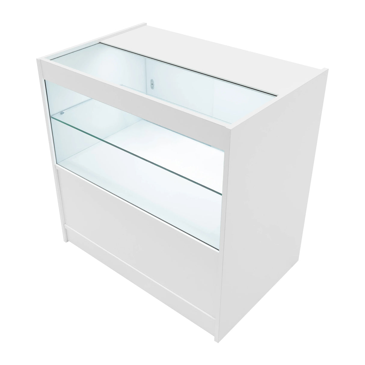 White Adonis LED shop counter set featuring a sleek design with glass display shelves and a smooth finish, ideal for retail spaces