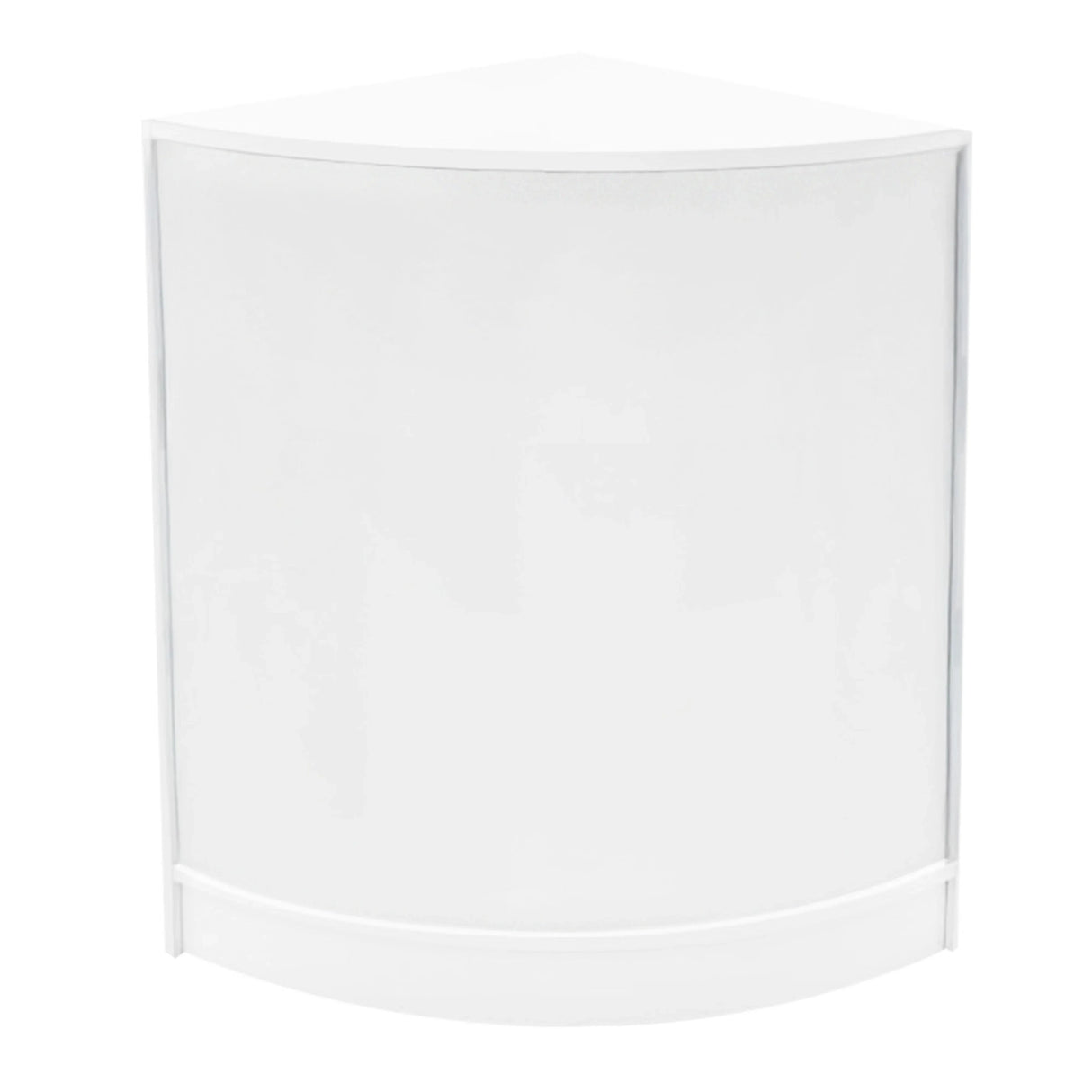 White corner shop counter with a sleek design, featuring smooth surfaces and a modern, minimalist aesthetic, ideal for retail displays