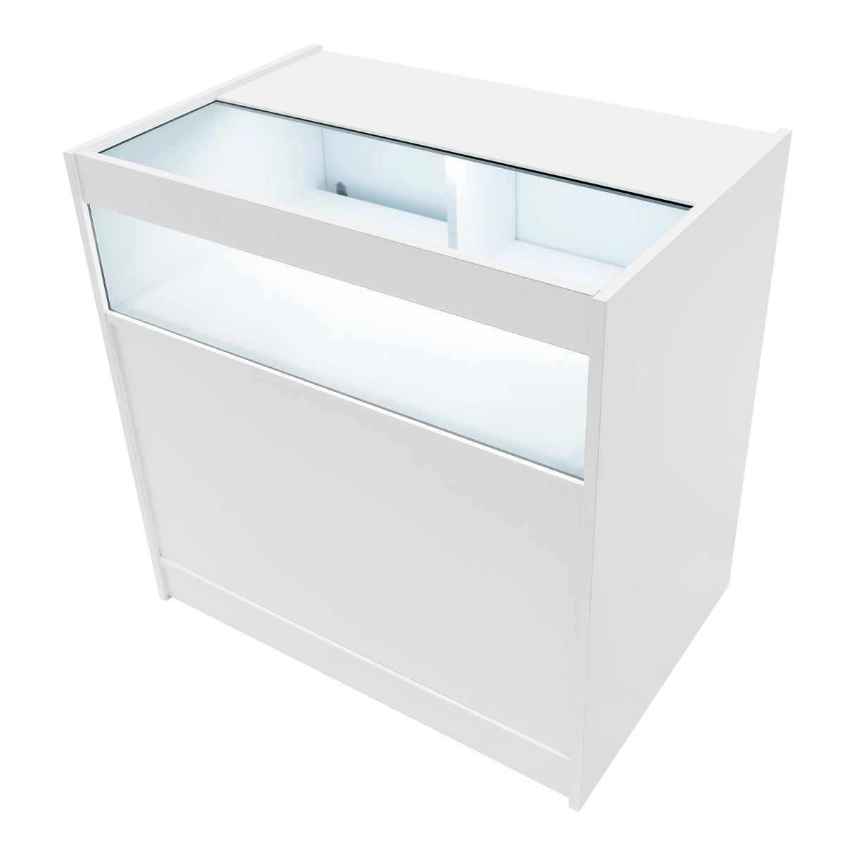 White Adonis LED shop counter set featuring a sleek design, glass display top, and illuminated interior for showcasing products