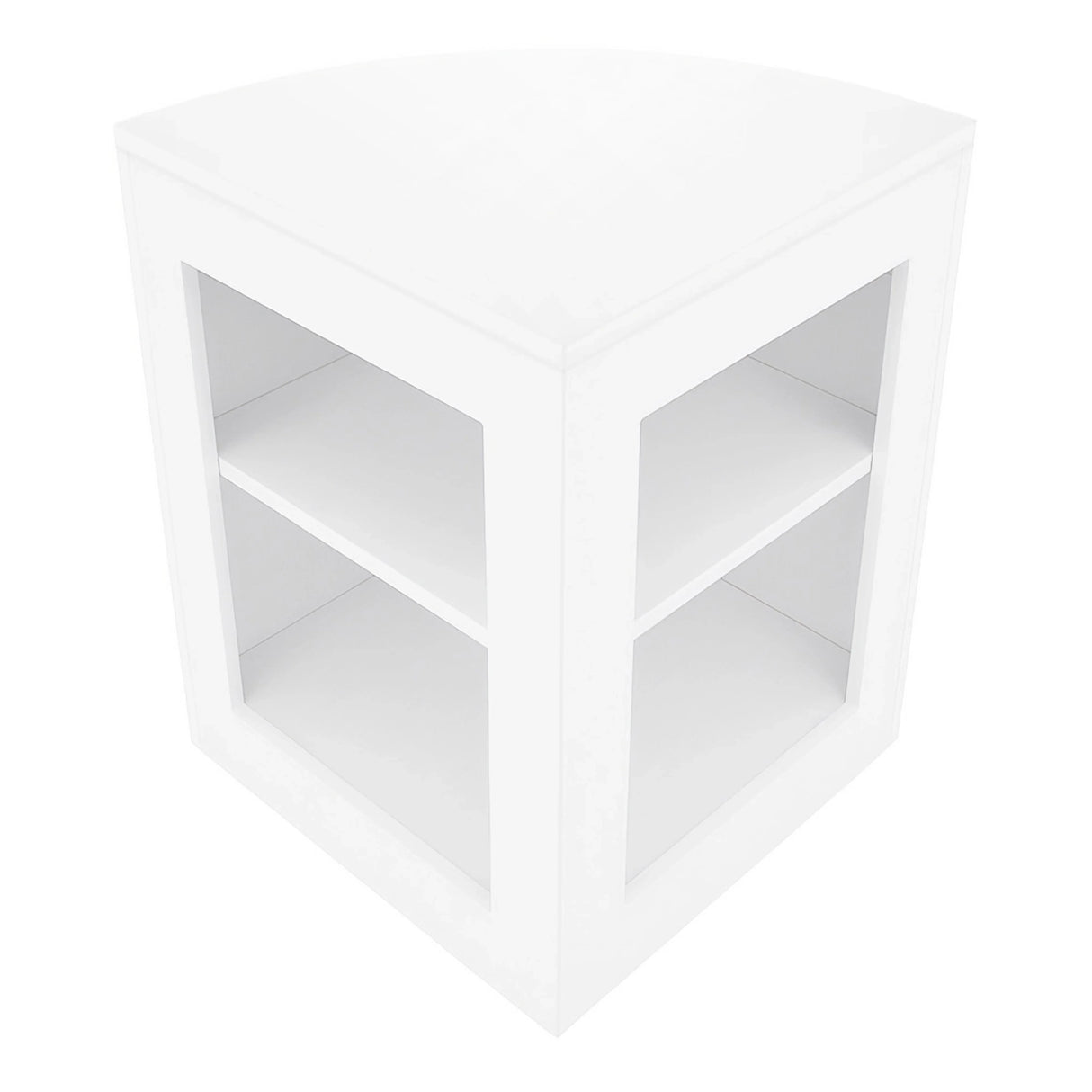White LED shop counter set featuring a sleek, modern design with a triangular shape and two open shelves for display storage