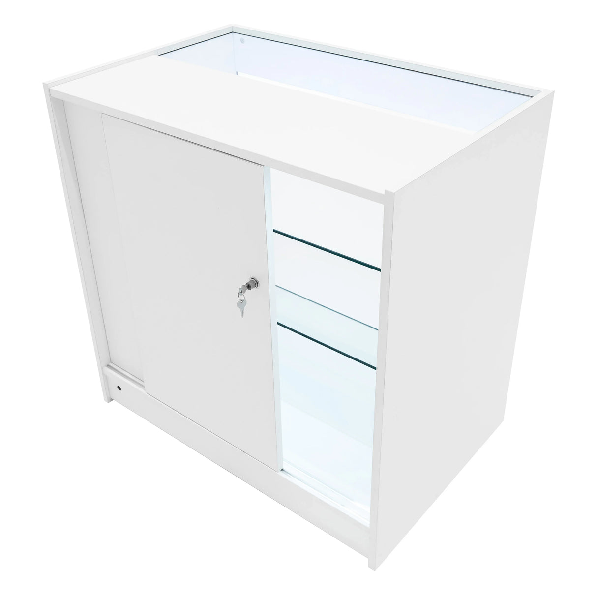 Triton LED shop counter set in white, featuring a sleek design, glass shelves, and a lockable sliding door for secure storage