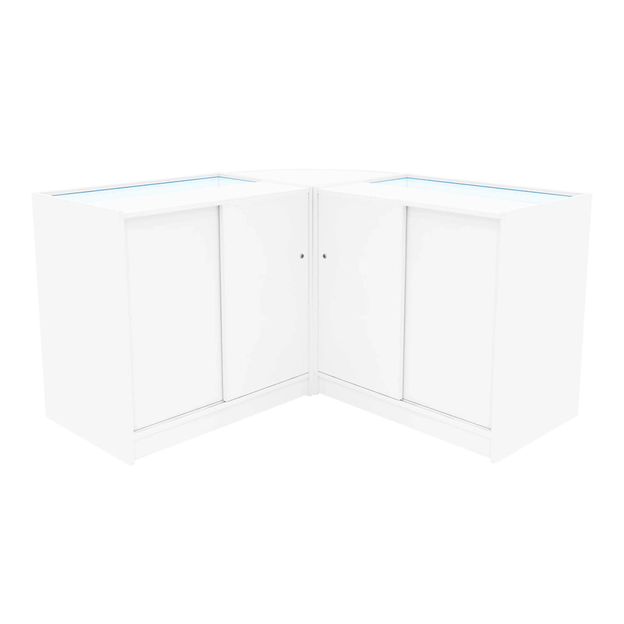 Triton LED shop counter set in white, featuring sleek design, smooth surfaces, and glass display tops for showcasing products