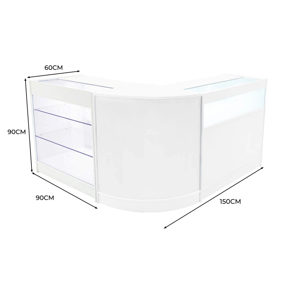 Curved white LED shop counter set featuring glass shelves, sleek design, and dimensions of 150cm x 90cm x 60cm for retail displays