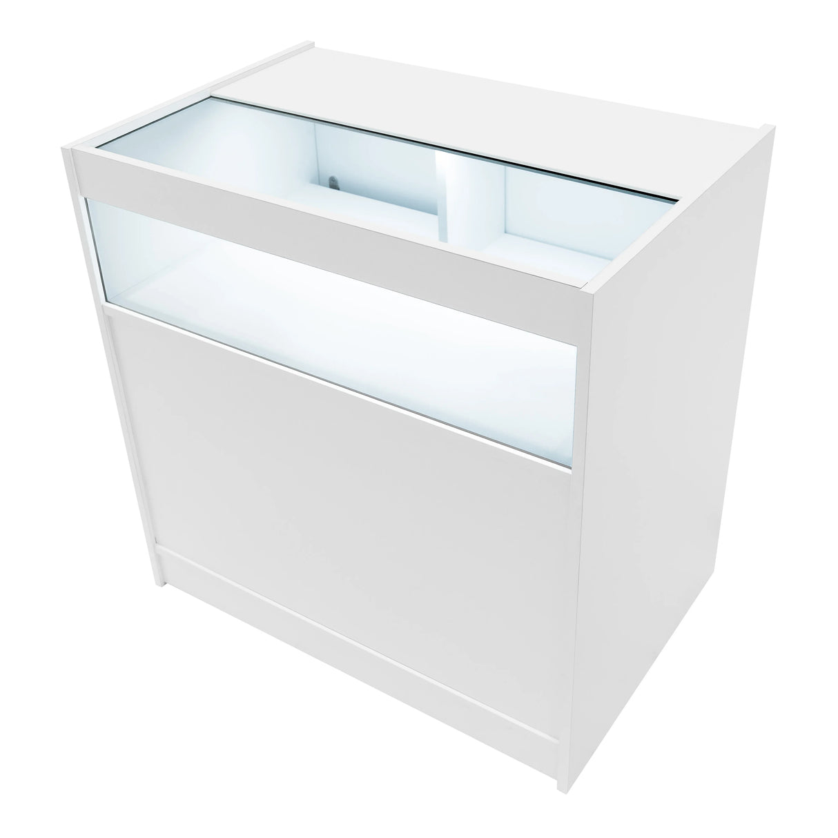 Triton LED Shop Counter Set in white, featuring a sleek design with a glass top, illuminated display area, and smooth finish