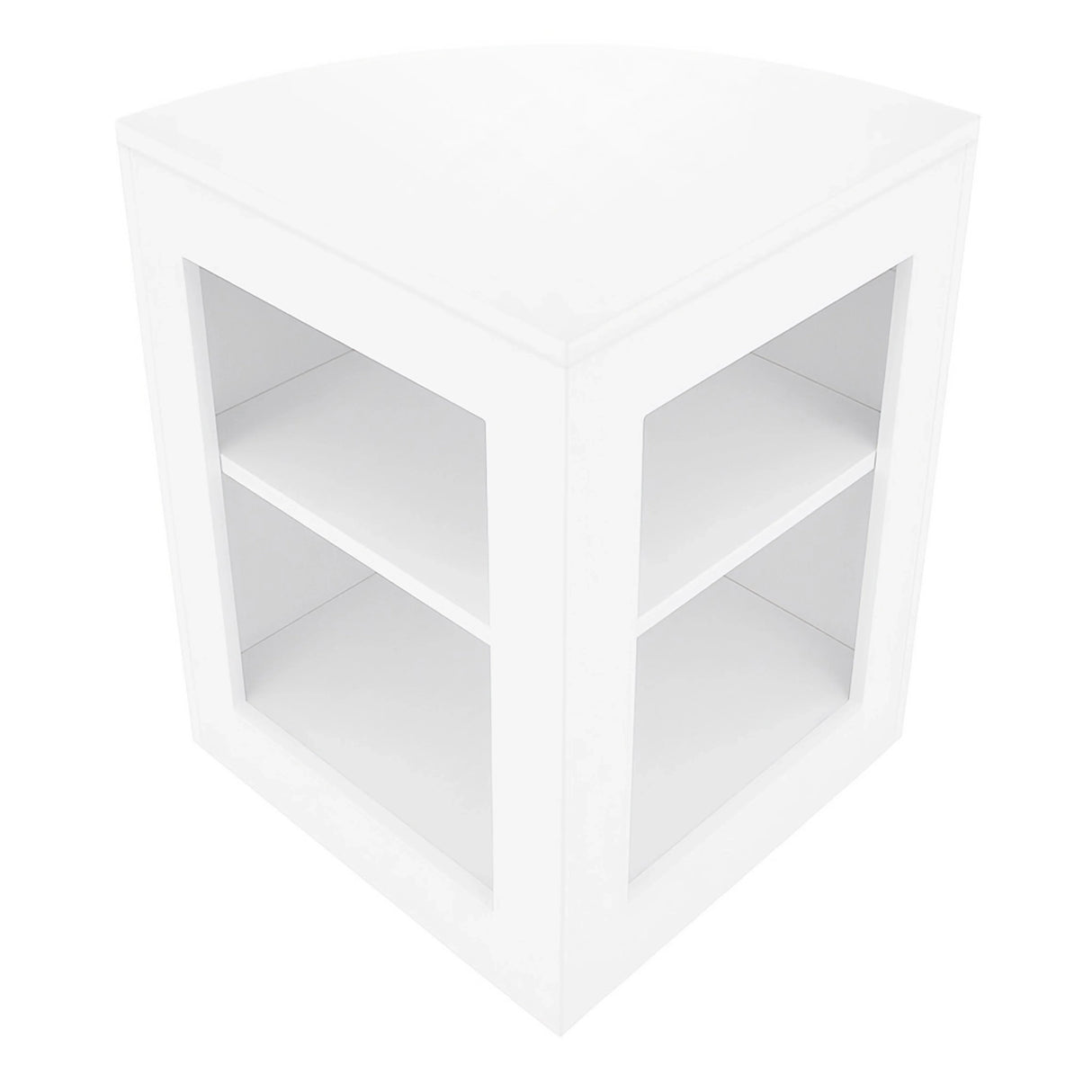 Sleek white corner display counter with two open shelves, featuring a modern design ideal for retail or trade shows