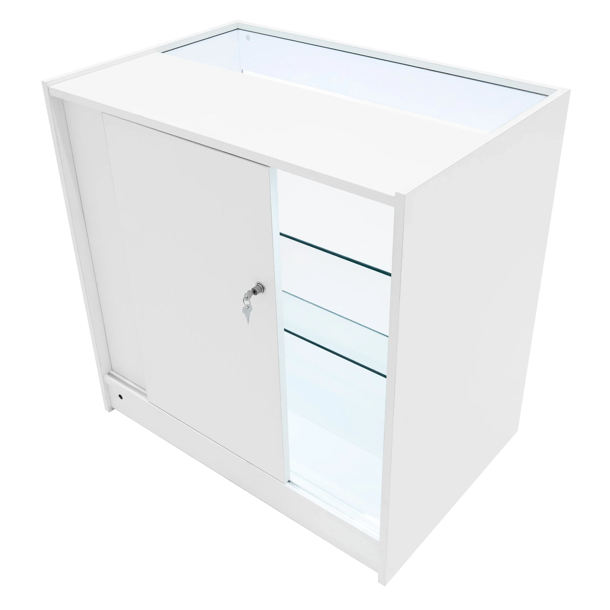 Hera LED Shop Counter Set in white, featuring a sleek design, glass shelves, and a lockable sliding door for secure display