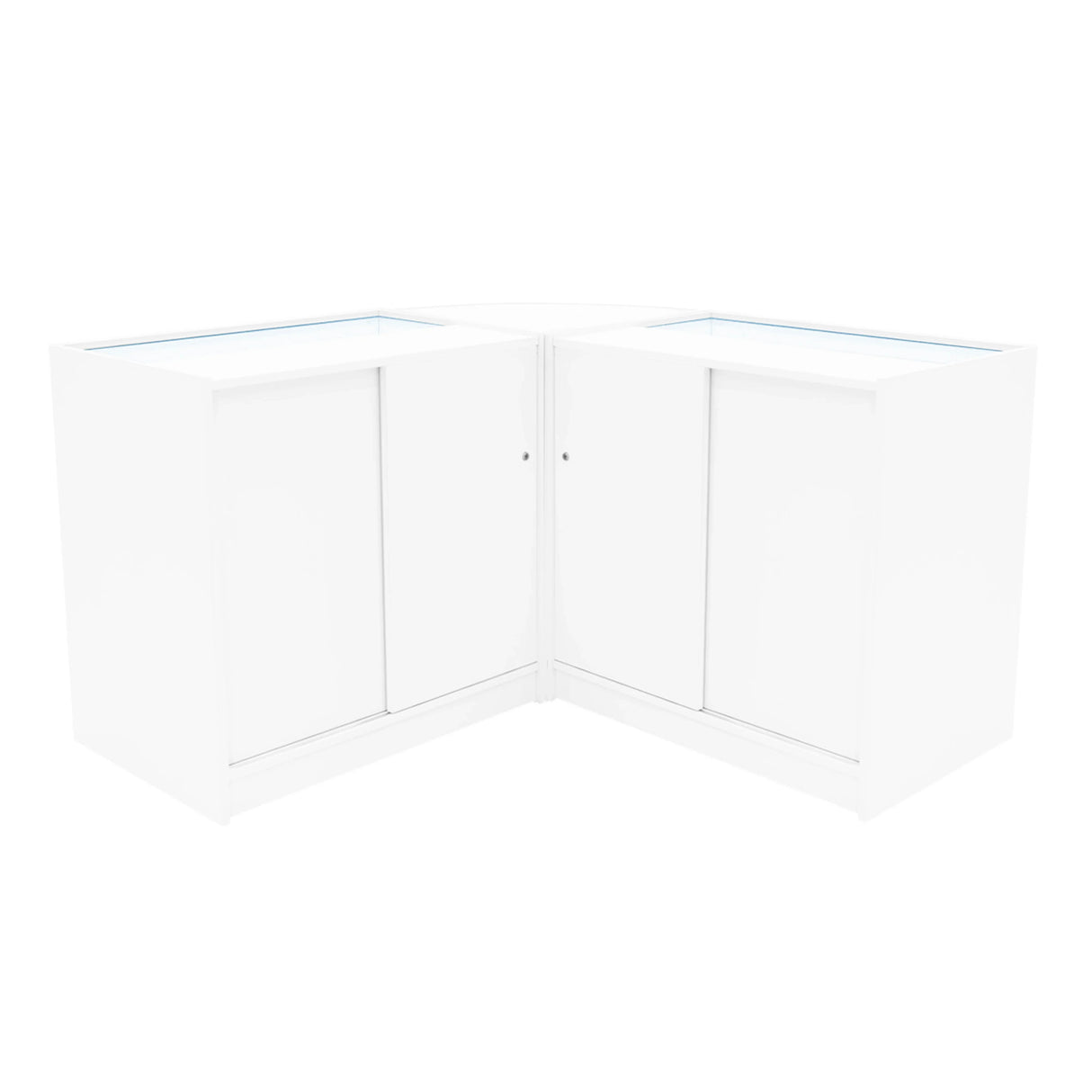Hera LED Shop Counter Set in white features sleek, modern design with glass display tops and sliding doors for easy access