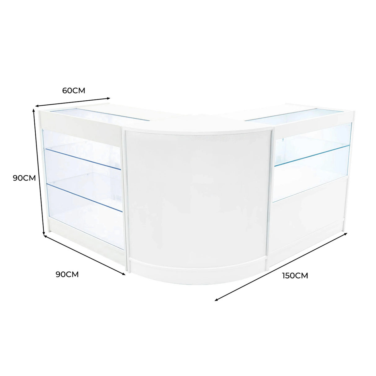 Curved white LED shop counter set featuring glass display shelves, measuring 150cm wide, 90cm high, and 60cm deep
