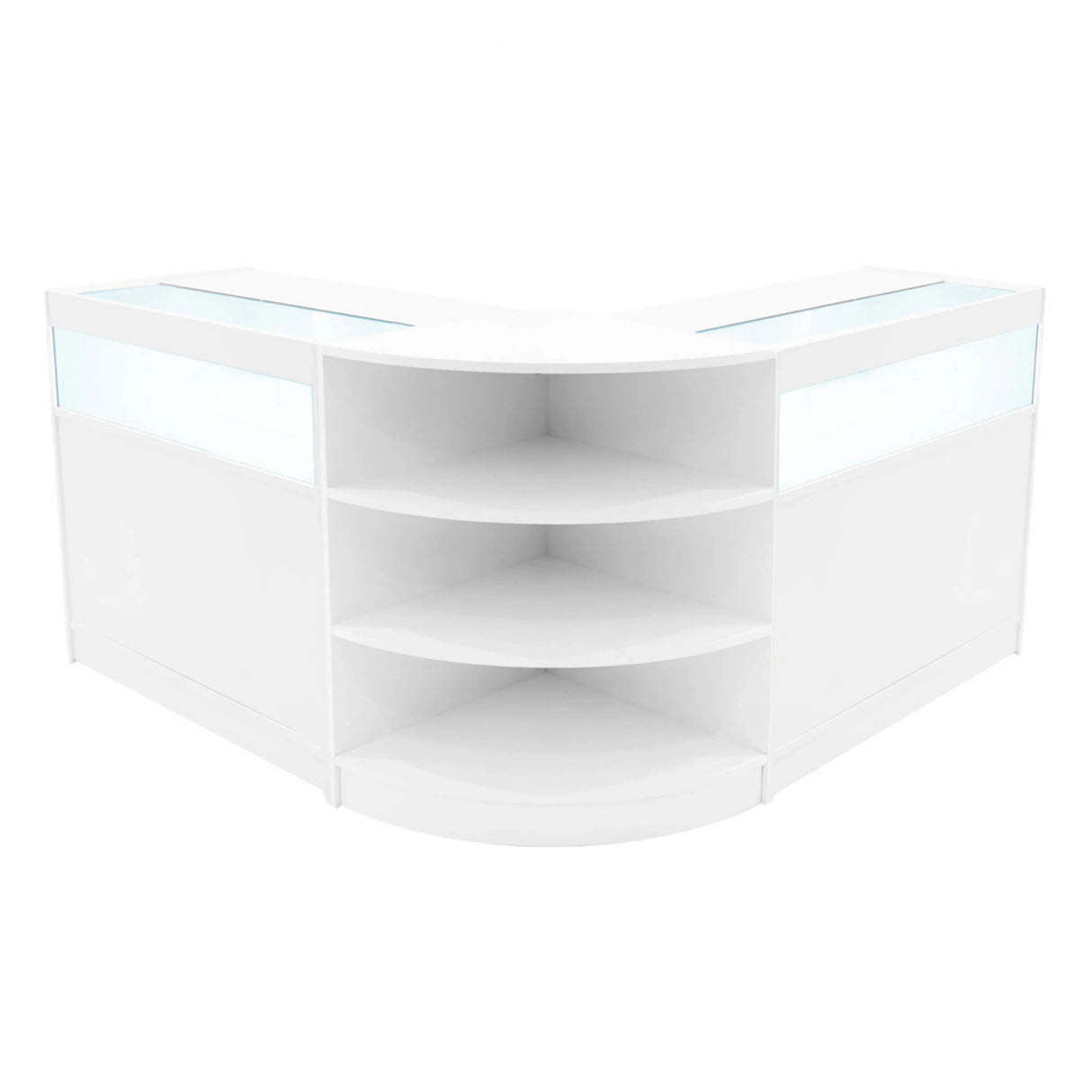 Theseus LED shop counter set in sleek white, featuring a modern design with curved edges and illuminated display shelves