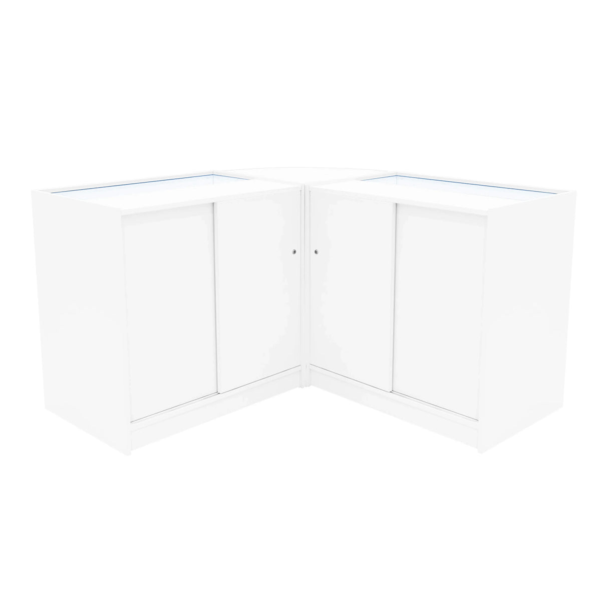 Theseus LED shop counter set in white, featuring a modern corner design with sleek surfaces and glass display tops for visibility