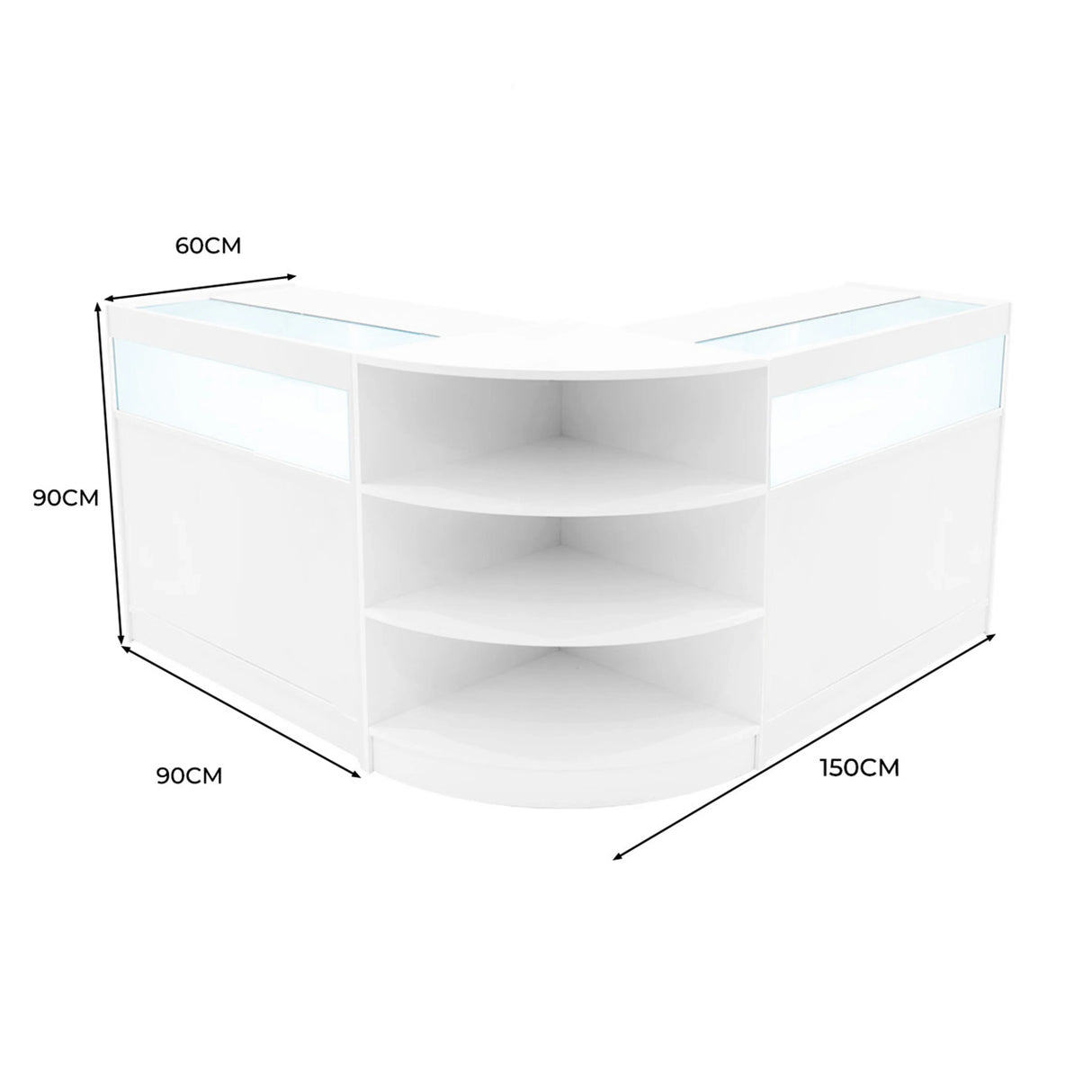 Curved white LED shop counter set with two display shelves, featuring a sleek modern design and illuminated glass top sections