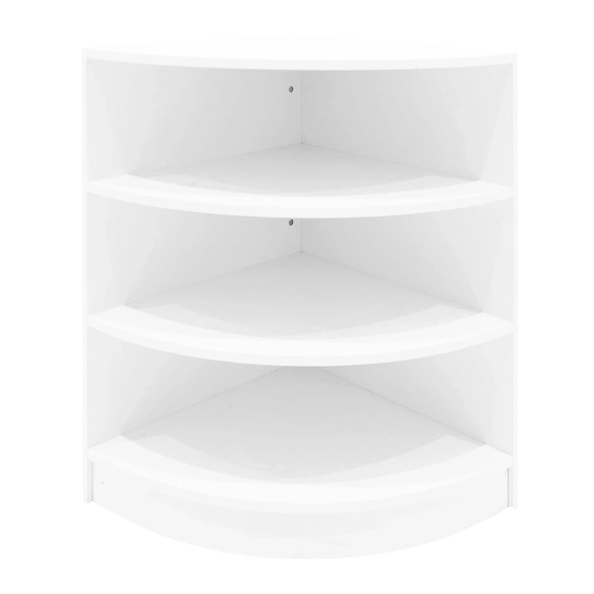 Theseus LED shop counter set in sleek white, featuring a modern curved design with three spacious shelves for display and storage