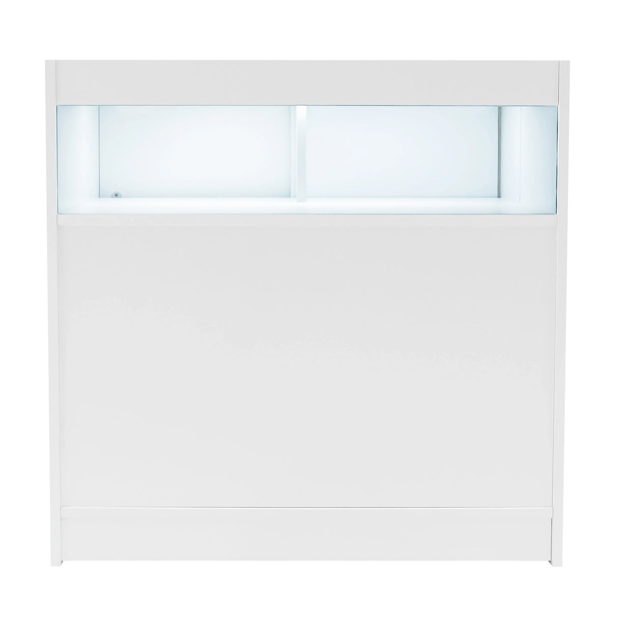 Theseus LED shop counter set in sleek white, featuring a smooth surface and illuminated display area for showcasing products