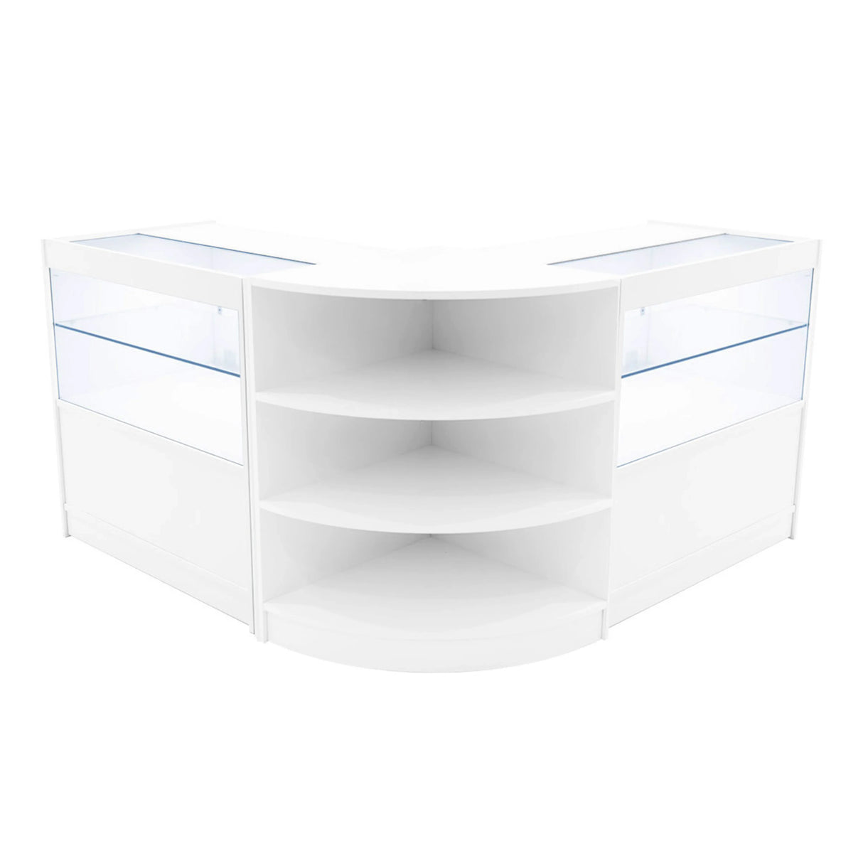 White Andromeda LED shop counter set featuring a sleek, curved design with glass display shelves and modern LED lighting