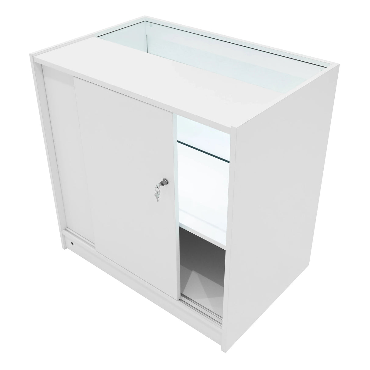 White Andromeda LED shop counter set with sliding glass doors, showcasing a sleek design and illuminated interior shelves