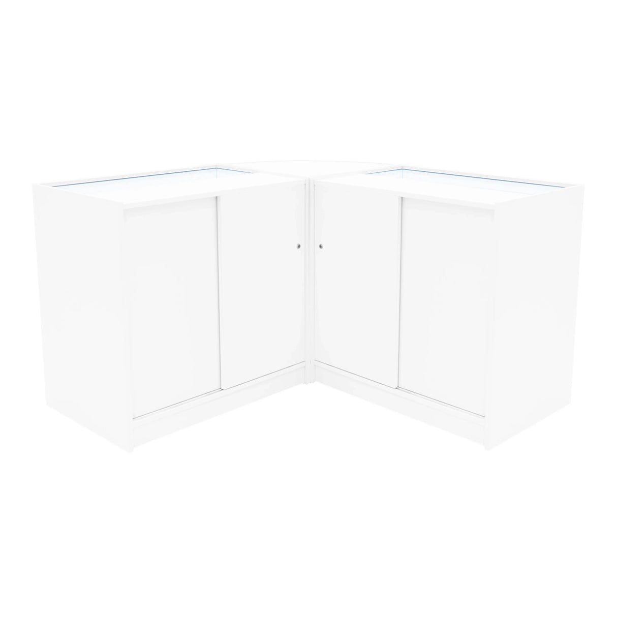 White Andromeda LED shop counter set featuring a sleek, modern design with two C900 display units and glass tops for visibility