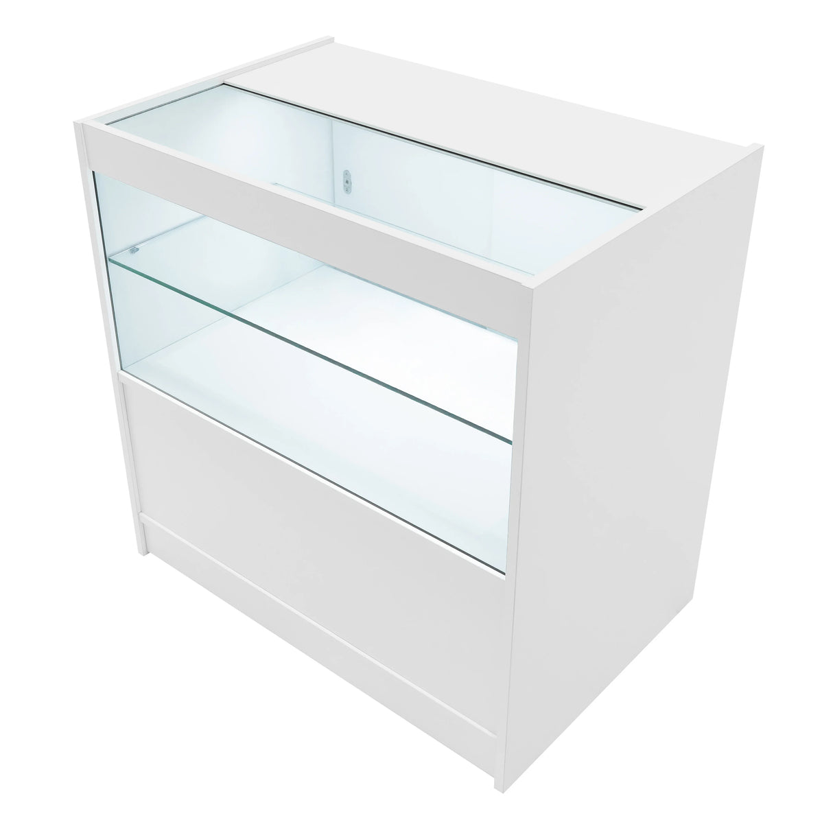 White Andromeda LED shop counter set with glass display shelves and a sleek modern design, perfect for showcasing products