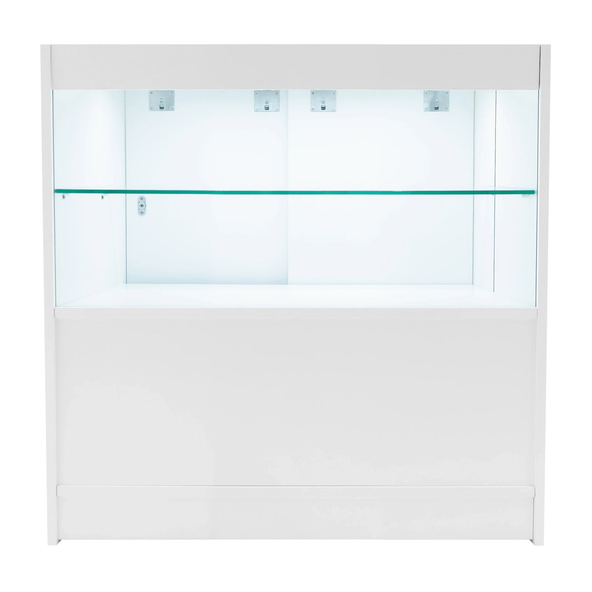 Andromeda LED shop counter set in white, featuring a sleek design with glass shelves and integrated lighting for display purposes