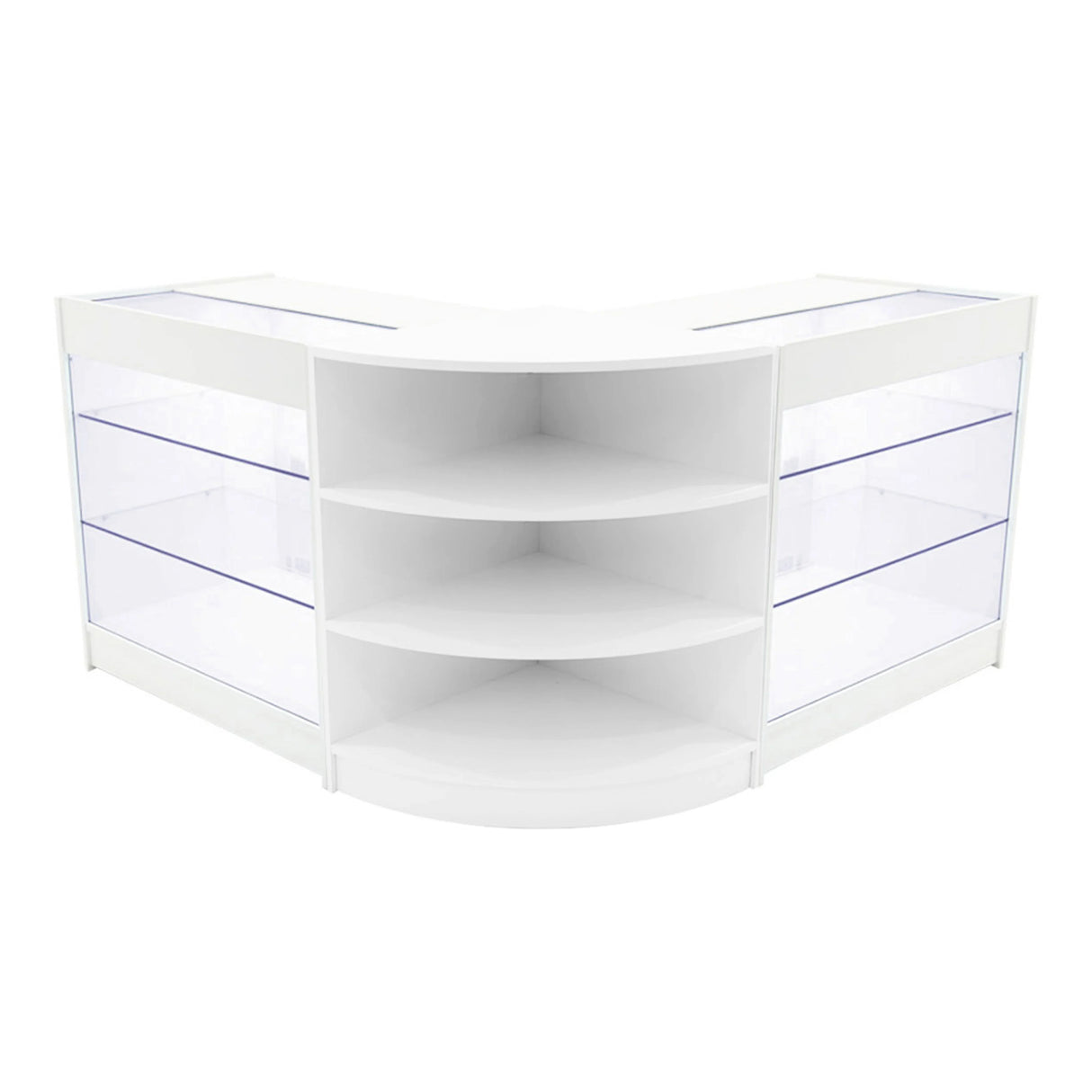 White Apollo LED shop counter set with curved design, featuring glass display shelves and modern, sleek finish for retail spaces