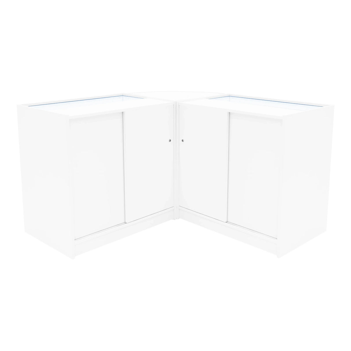 White Apollo LED shop counter set featuring a sleek, modern design with two K900 display units and glass tops for visibility