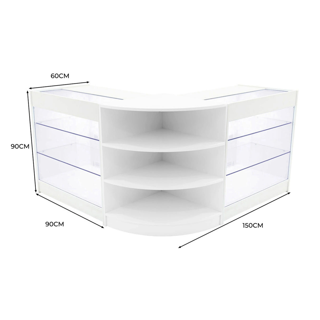 Curved white Apollo LED shop counter set with two glass display shelves, measuring 150cm wide and 90cm tall, ideal for retail use