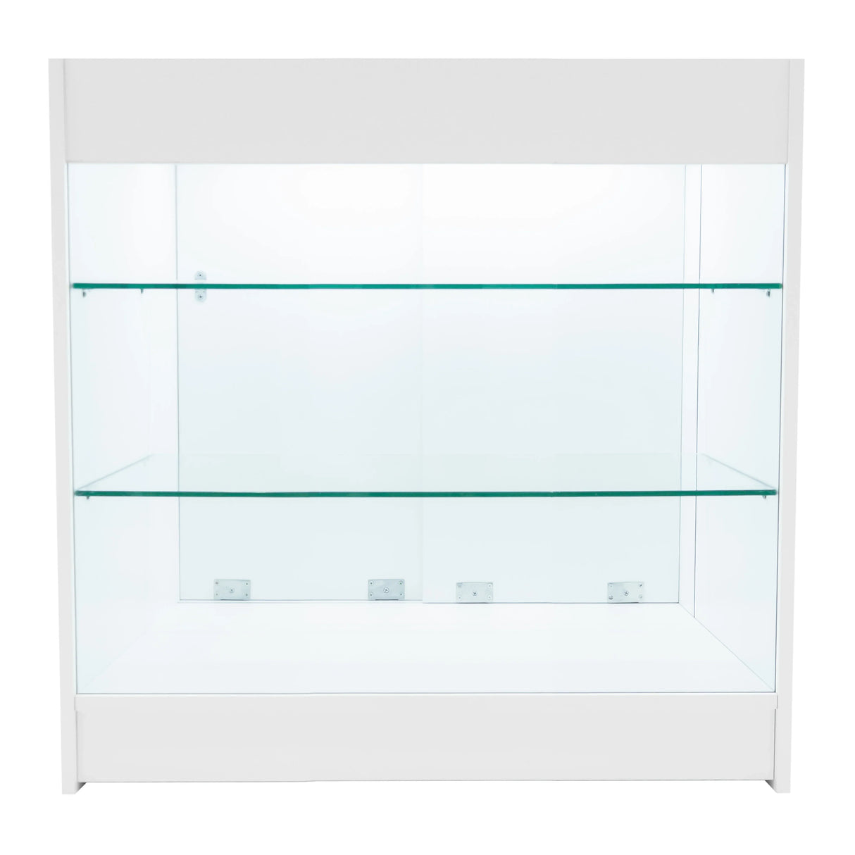 White Apollo LED shop counter set featuring sleek glass shelves and a modern design, ideal for showcasing products in retail spaces