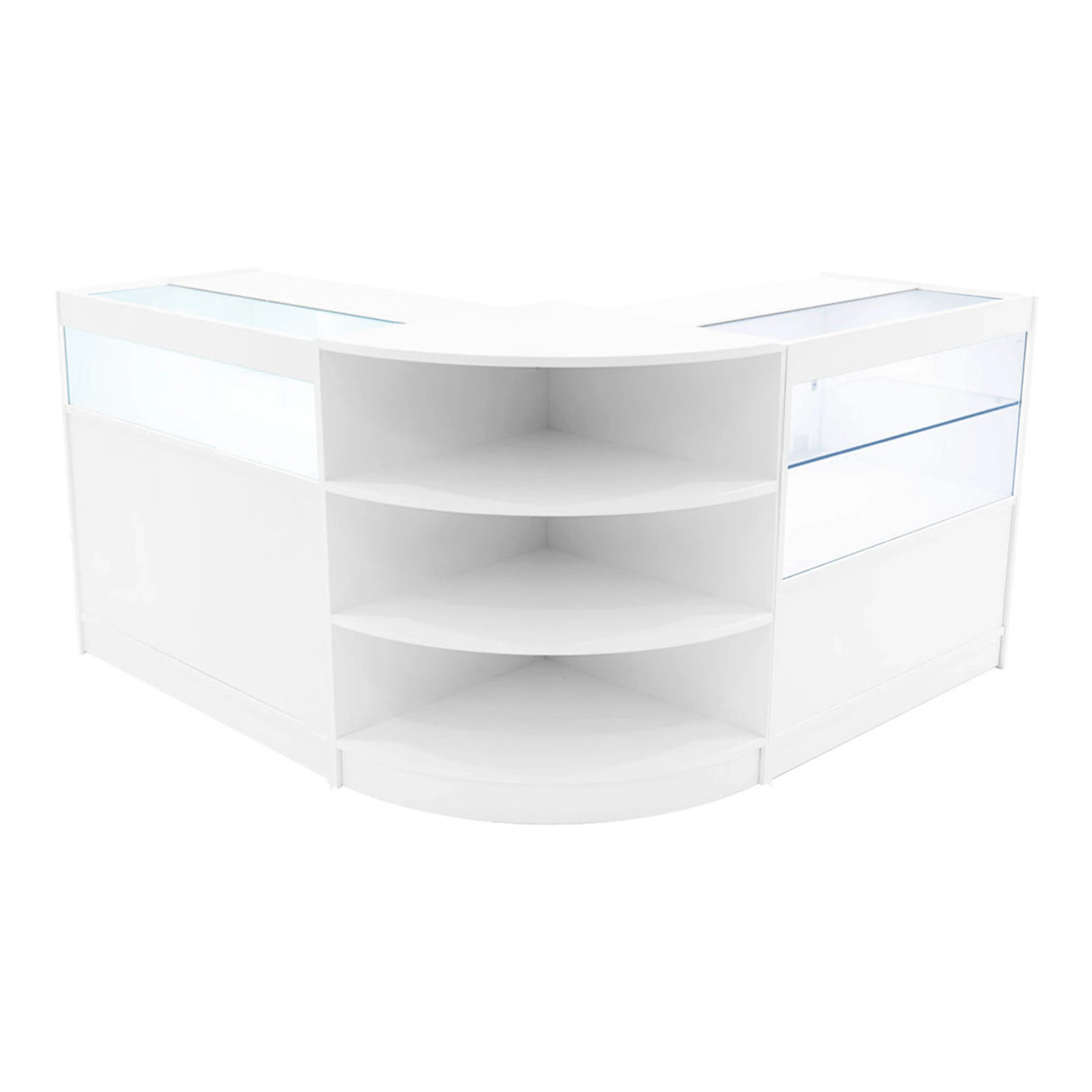 Harmonia LED Shop Counter Set in white, featuring a sleek, modern design with glass display sections and curved edges, ideal for retail spaces