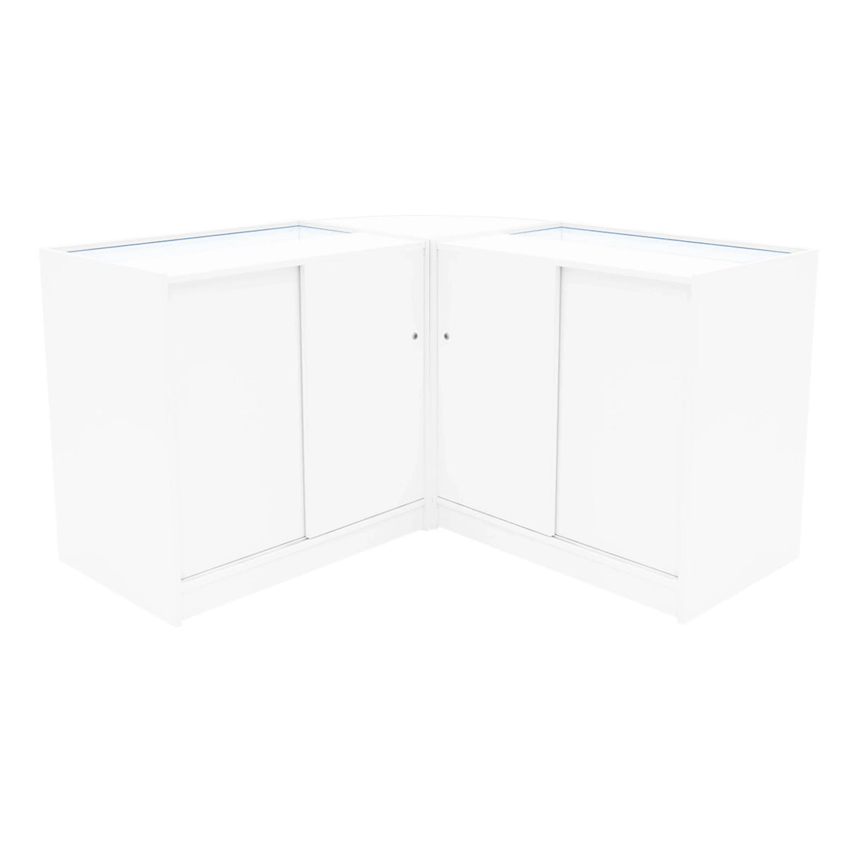 Harmonia LED Shop Counter Set in white, featuring sleek, modern design with glass display tops and hidden storage compartments