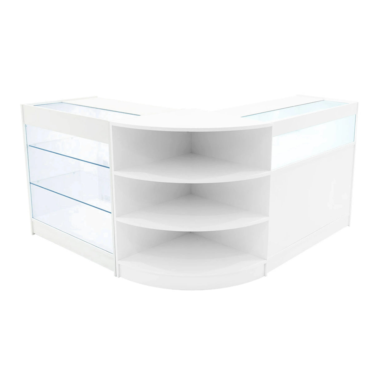 Demeter LED Shop Counter Set in white featuring sleek curved design, glass shelves, and modern LED lighting for display