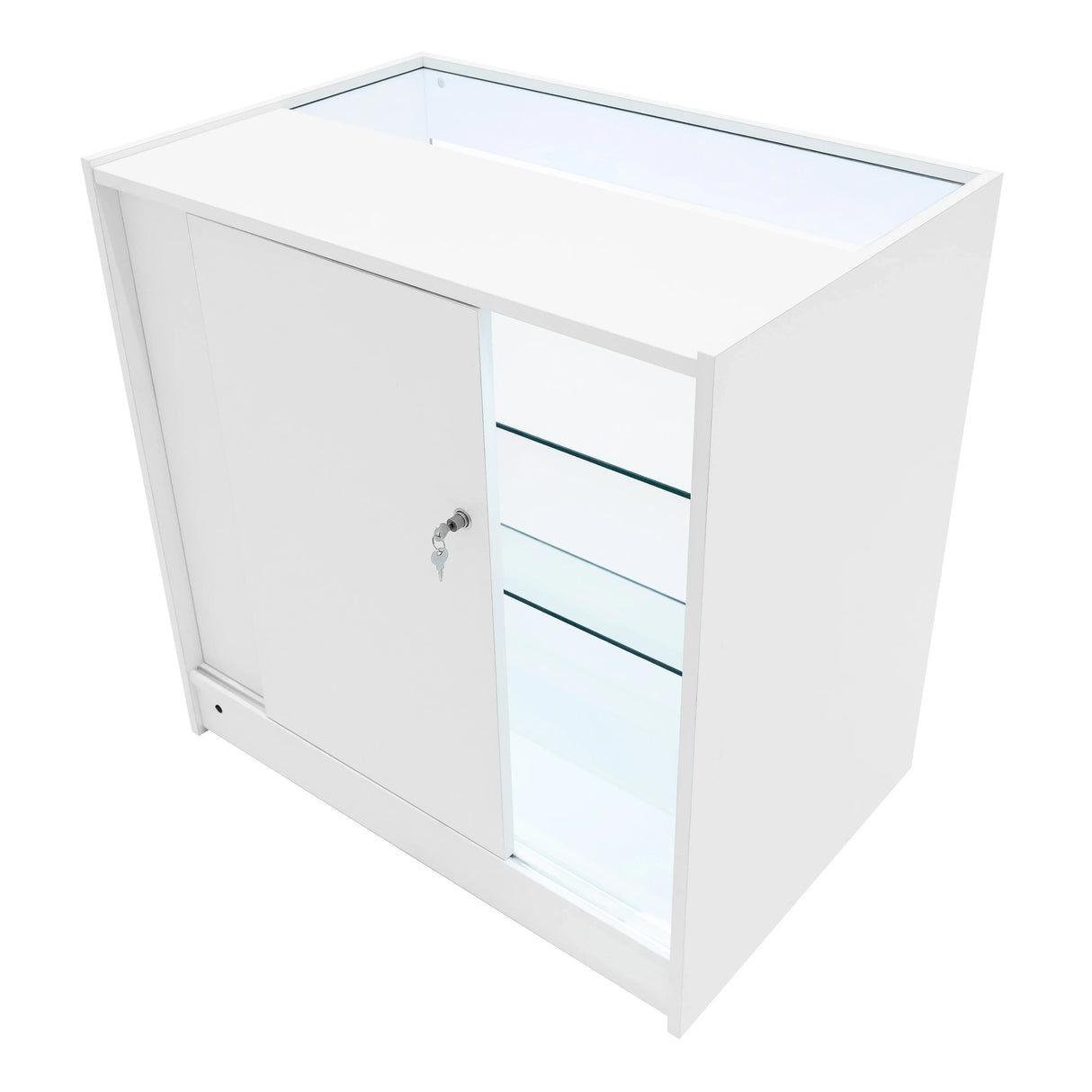 Demeter LED Shop Counter Set in white, featuring a sleek design, glass shelves, and a lockable sliding door for secure display