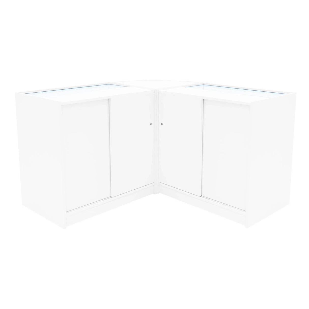 White Demeter LED shop counter set featuring sleek, modern design with glass display tops and spacious storage cabinets