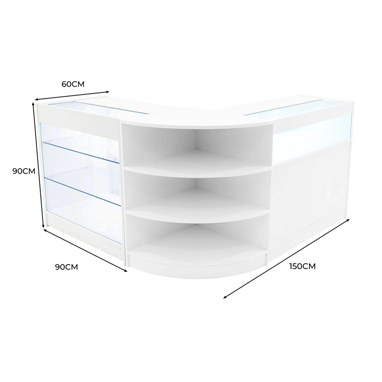 Curved white LED shop counter set featuring glass shelves, sleek design, and dimensions of 150cm x 90cm x 60cm for retail display