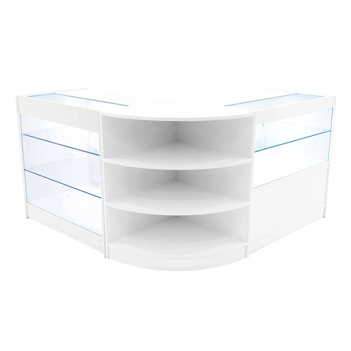 White LED shop counter set featuring curved design, glass shelves, and modern aesthetic, ideal for retail displays and merchandise
