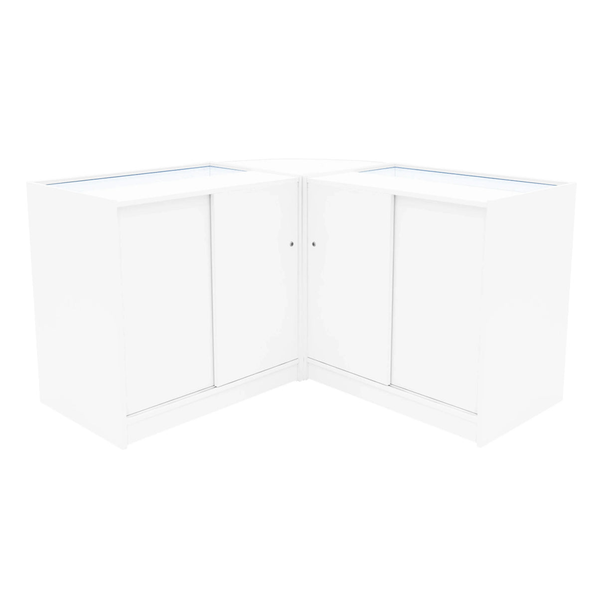 Corner display counter set in sleek white finish, featuring glass tops and sliding doors for easy access and modern style