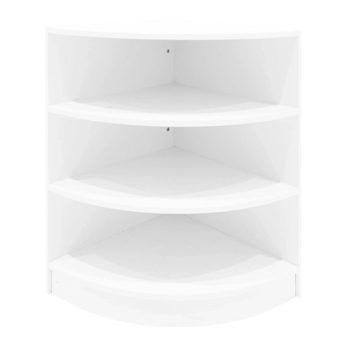 White Calliope LED shop counter set featuring a sleek, curved design with four spacious shelves for organized display and storage