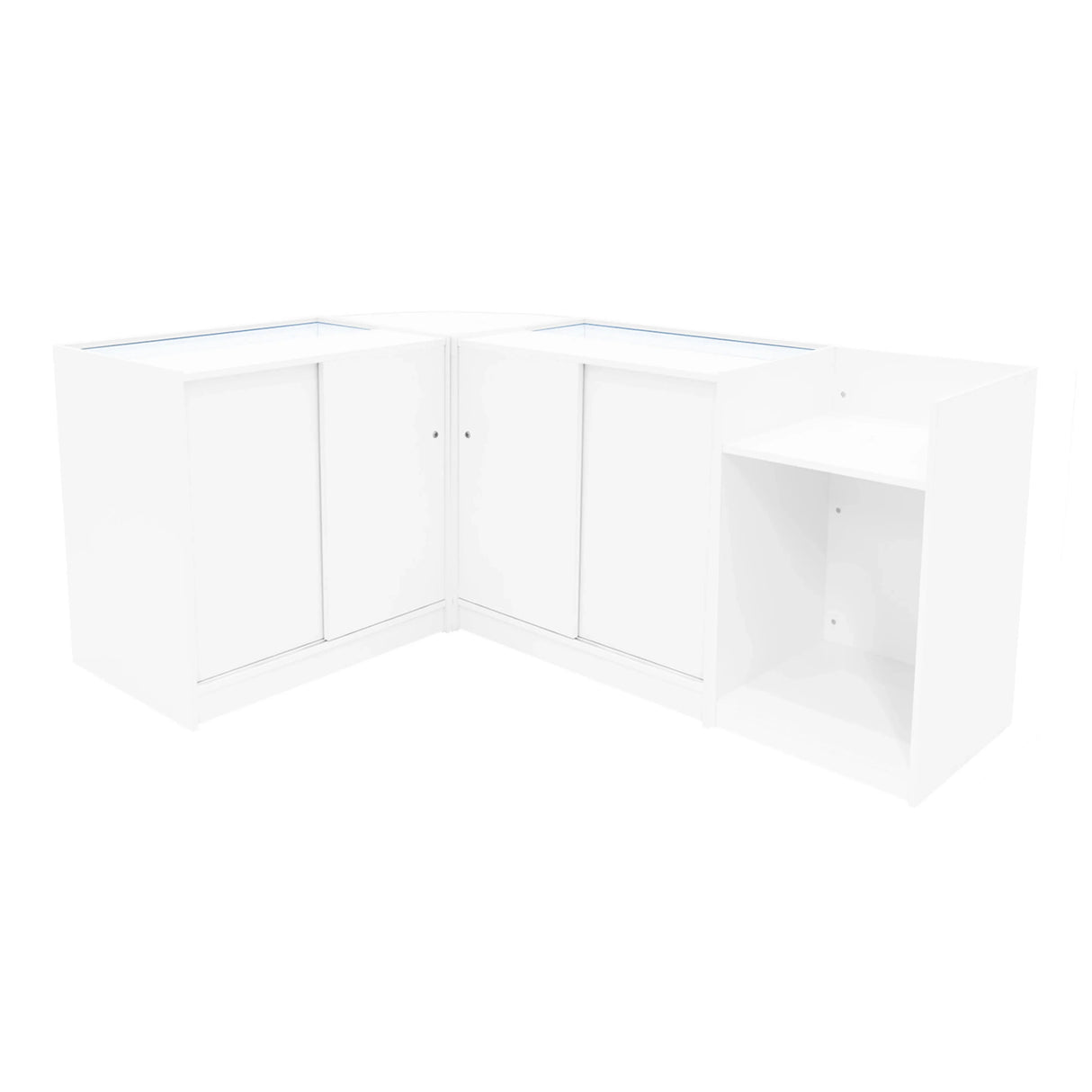 Luna LED Shop Counter Set in white, featuring sleek design with glass top, storage cabinets, and open shelf for display