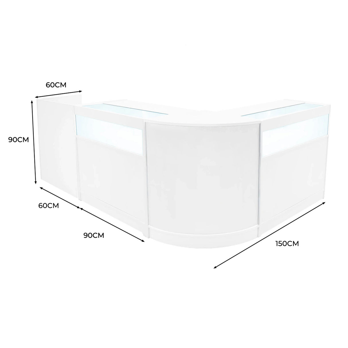 Luna LED Shop Counter Set in sleek white, featuring curved design, illuminated display areas, and dimensions of 150cm x 90cm x 60cm